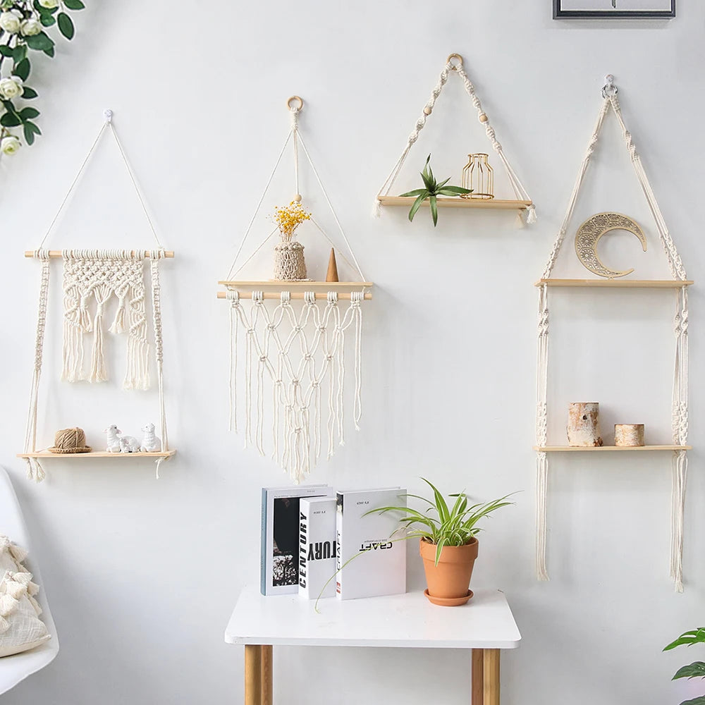 Chic Macrame Wall Hanging Shelves - Stylish Floating Shelves for Your Bedroom, Living Room, and Bathroom Decor