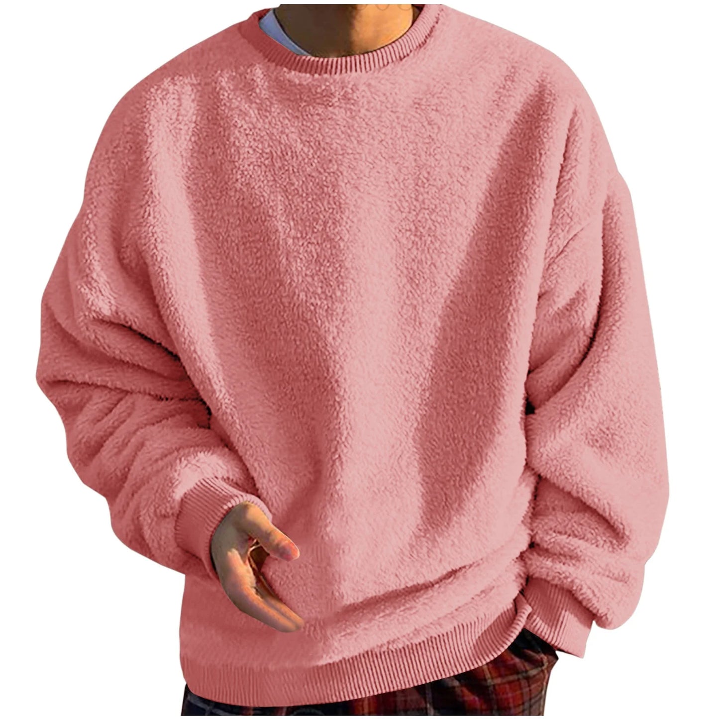 Men'S Fleece Sweatshirt Oversized Solid Drop Shoulder Shirts Winter Long Sleeve round Neck Shirt Big and Tall Loose Fit Streetwear Tops Pink 4XL