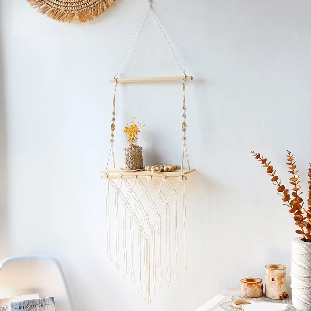 Chic Macrame Wall Hanging Shelves - Stylish Floating Shelves for Your Bedroom, Living Room, and Bathroom Decor
