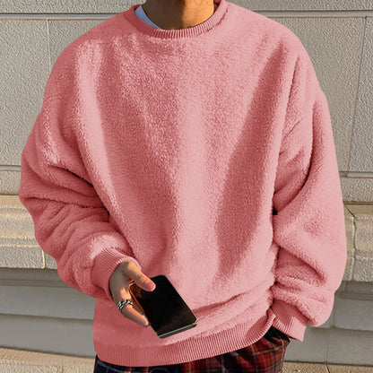 Men'S Fleece Sweatshirt Oversized Solid Drop Shoulder Shirts Winter Long Sleeve round Neck Shirt Big and Tall Loose Fit Streetwear Tops Pink 4XL