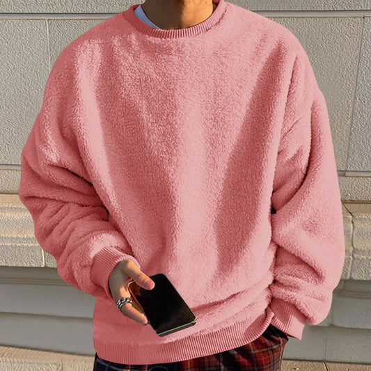 Men'S Fleece Sweatshirt Oversized Solid Drop Shoulder Shirts Winter Long Sleeve round Neck Shirt Big and Tall Loose Fit Streetwear Tops Pink 4XL